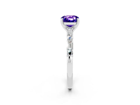 White gold Cushion Cut Tanzanite Solitaire with Side Baguettes and Channel Set Band_2