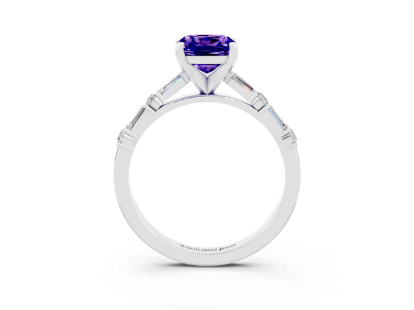 Platinum Cushion Cut Tanzanite Solitaire with Side Baguettes and Channel Set Band