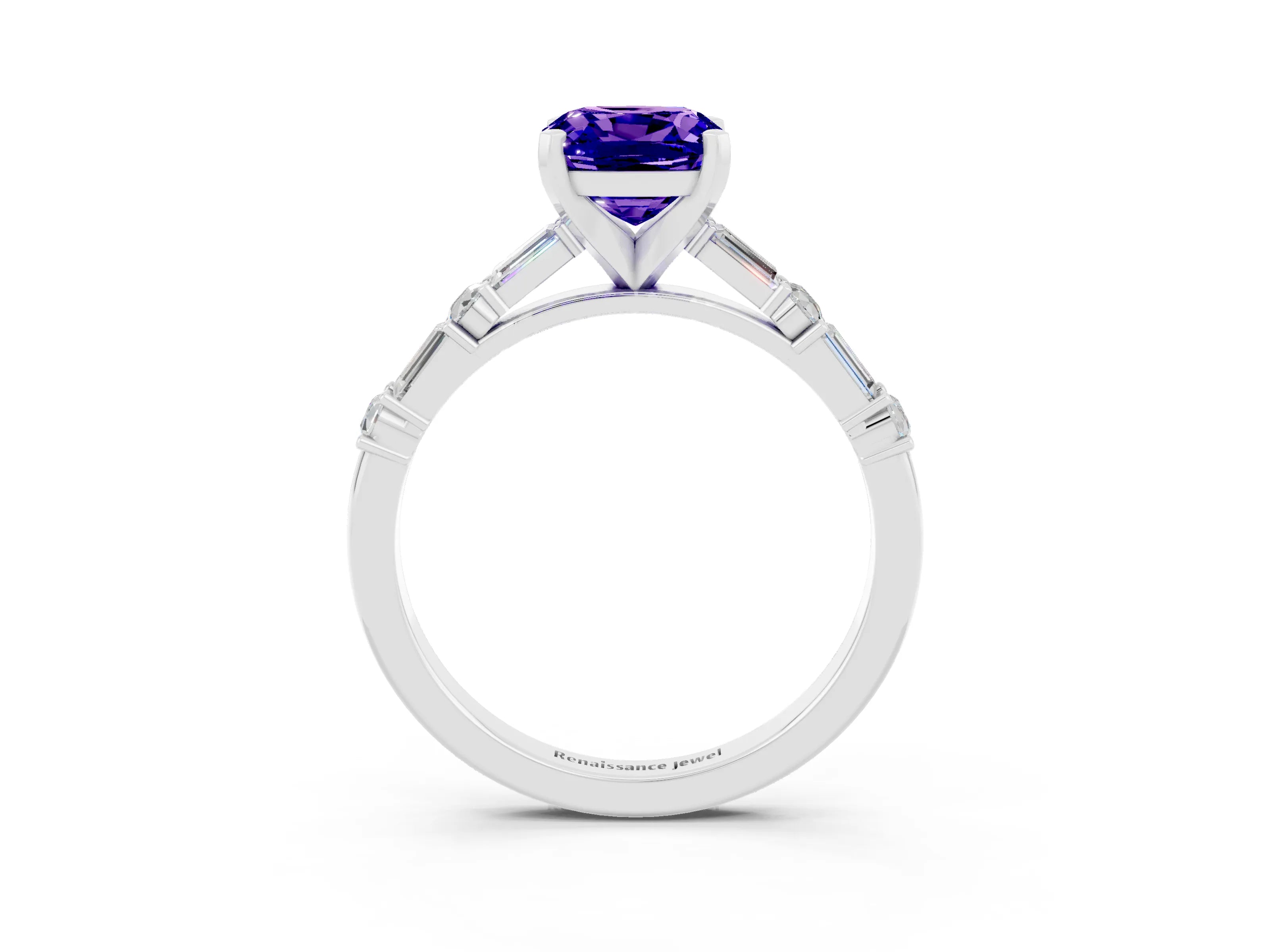 White gold Cushion Cut Tanzanite Solitaire with Side Baguettes and Channel Set Band_3