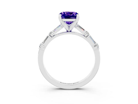 White gold Cushion Cut Tanzanite Solitaire with Side Baguettes and Channel Set Band_3