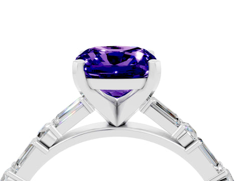 White gold Cushion Cut Tanzanite Solitaire with Side Baguettes and Channel Set Band_4