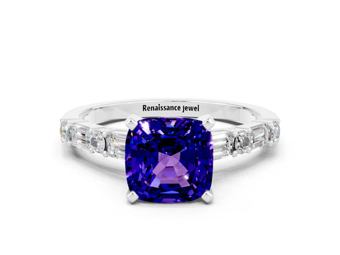 White gold Cushion Cut Tanzanite Solitaire with Side Baguettes and Channel Set Band