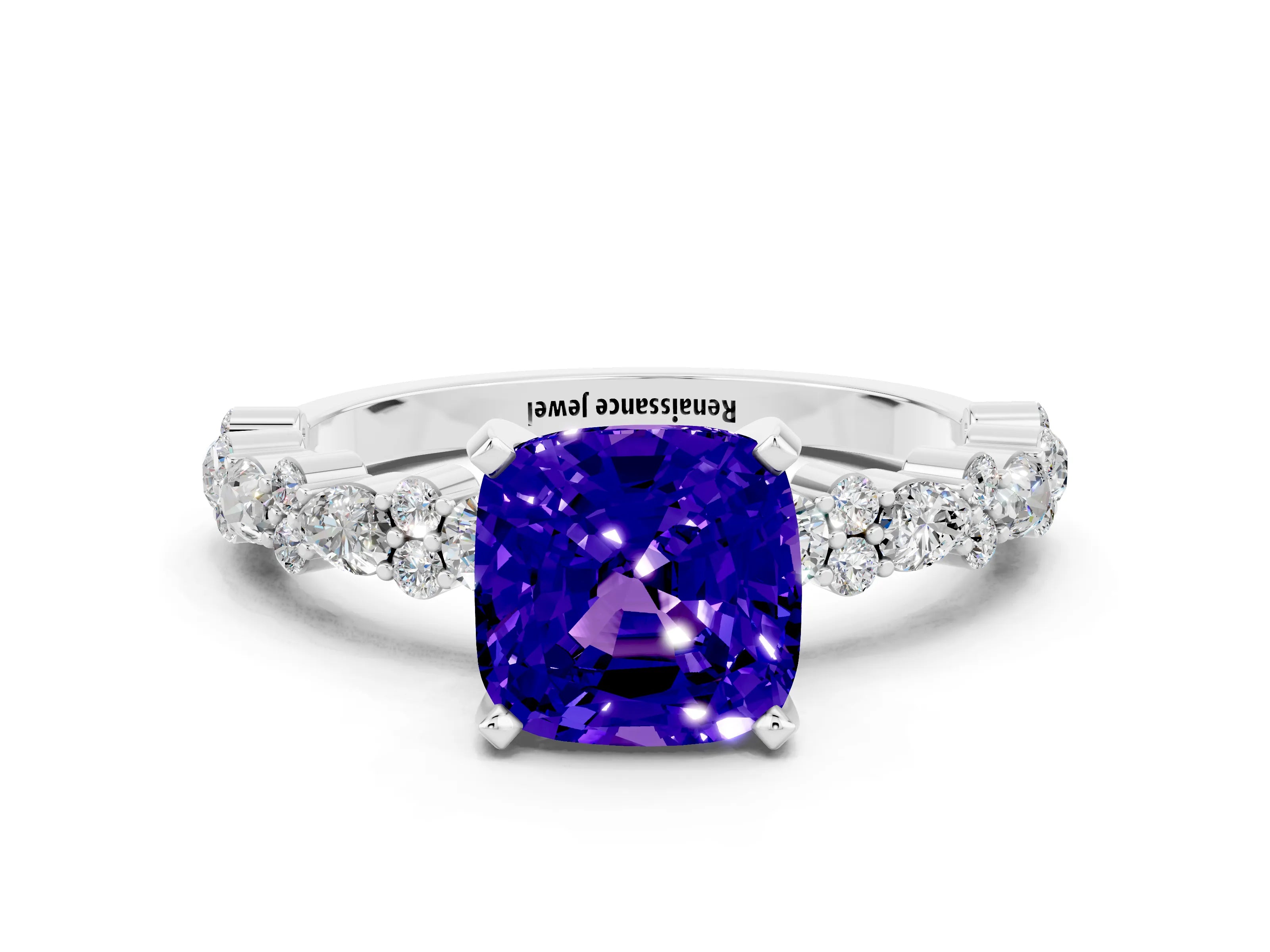 White gold Cushion Cut Tanzanite Solitaire with Side Stones, Pave Band, Four-Prong Setting_36