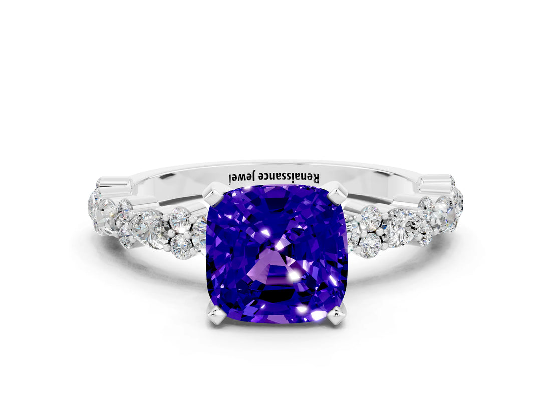White gold Cushion Cut Tanzanite Solitaire with Side Stones, Pave Band, Four-Prong Setting_36
