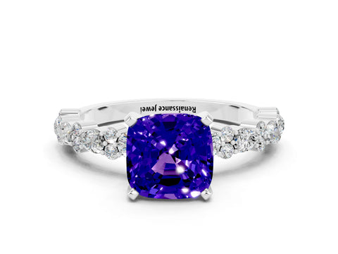 White gold Cushion Cut Tanzanite Solitaire with Side Stones, Pave Band, Four-Prong Setting_36