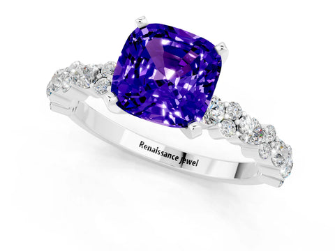 White gold Cushion Cut Tanzanite Solitaire with Side Stones, Pave Band, Four-Prong Setting_37