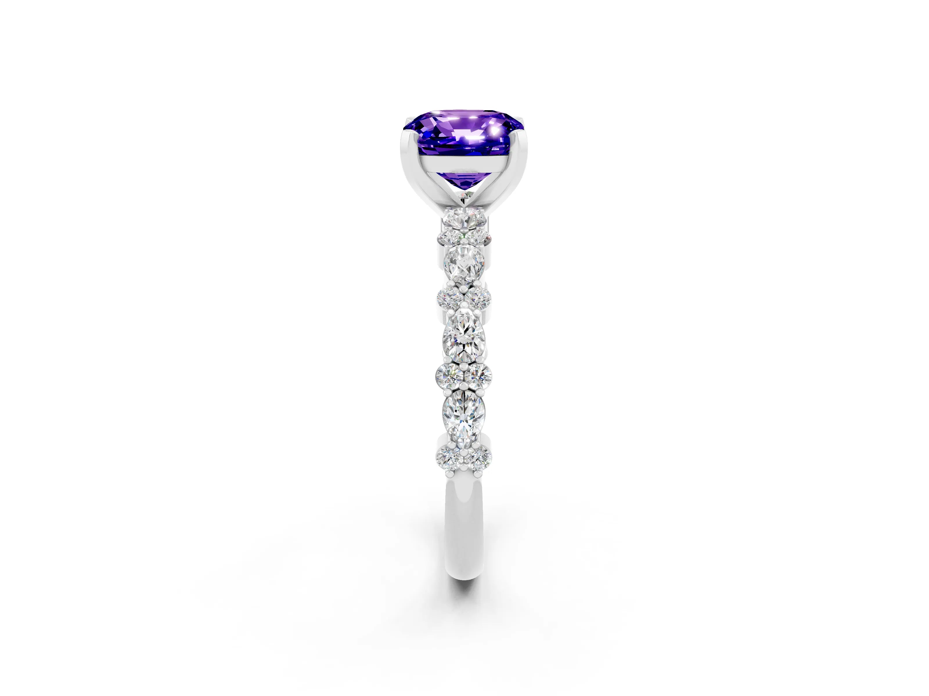 White gold Cushion Cut Tanzanite Solitaire with Side Stones, Pave Band, Four-Prong Setting_38