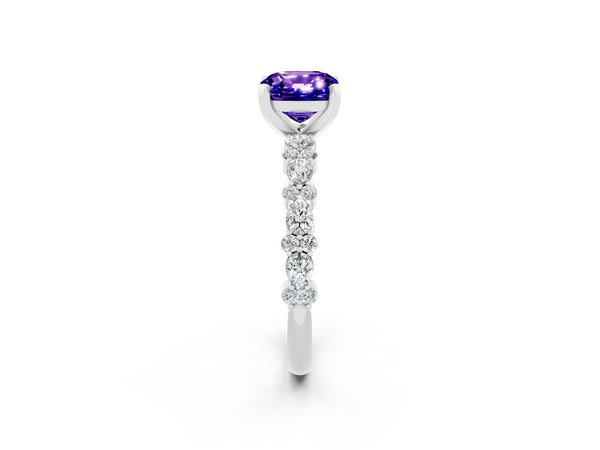 Platinum Cushion Cut Tanzanite Side Stone Solitaire Ring with Round  and Four-Prong Setting
