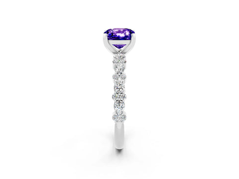 White gold Cushion Cut Tanzanite Solitaire with Side Stones, Pave Band, Four-Prong Setting_38