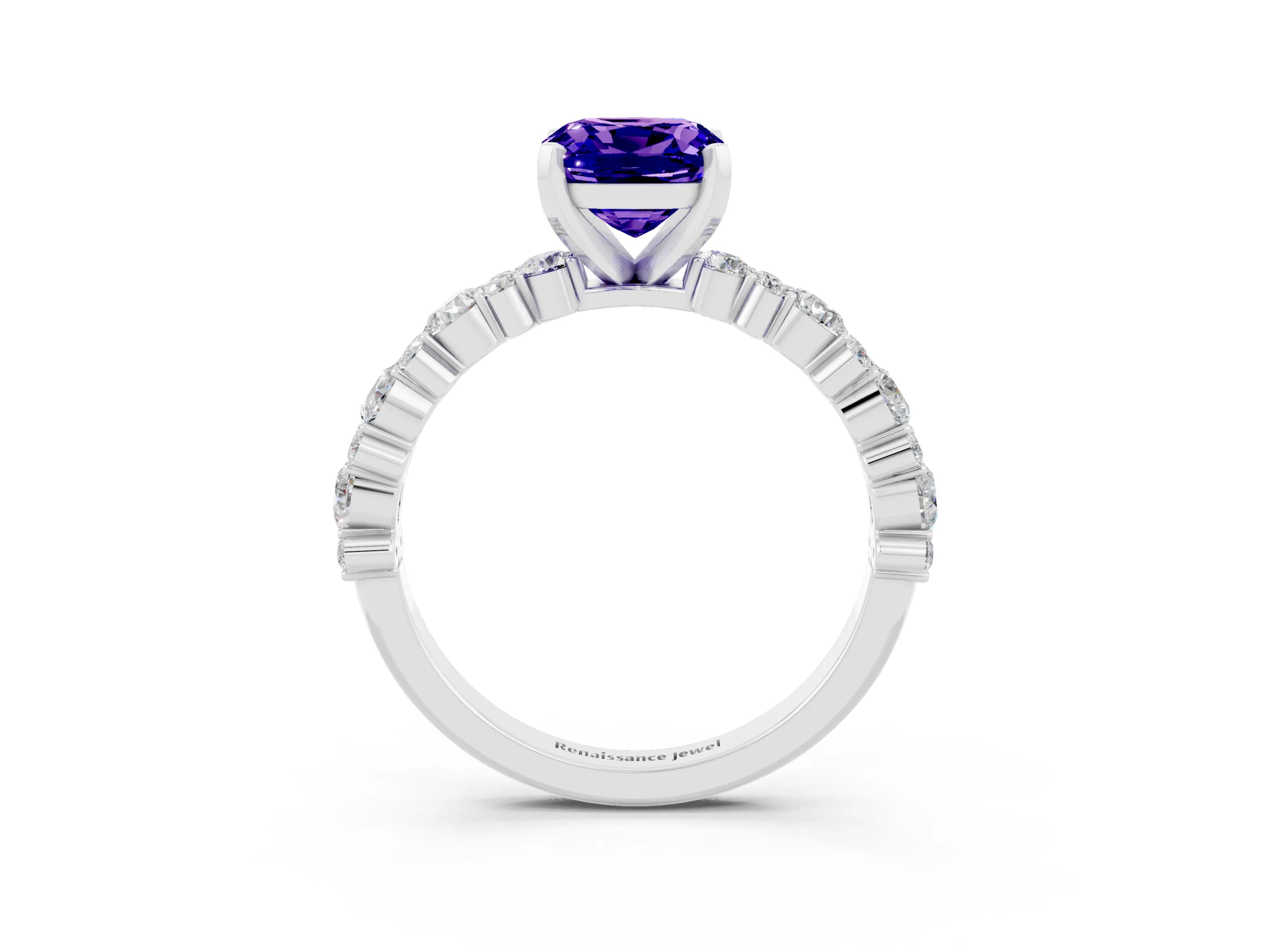 White gold Cushion Cut Tanzanite Solitaire with Side Stones, Pave Band, Four-Prong Setting_39
