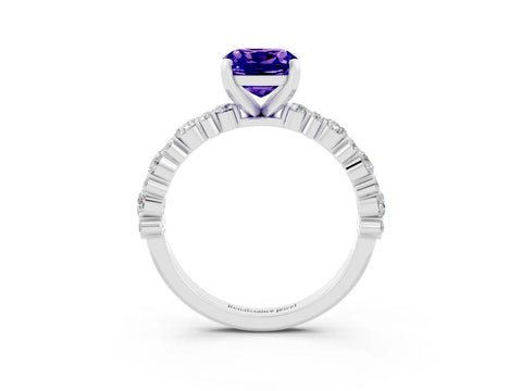 White gold Cushion Cut Tanzanite Solitaire with Side Stones, Pave Band, Four-Prong Setting_39