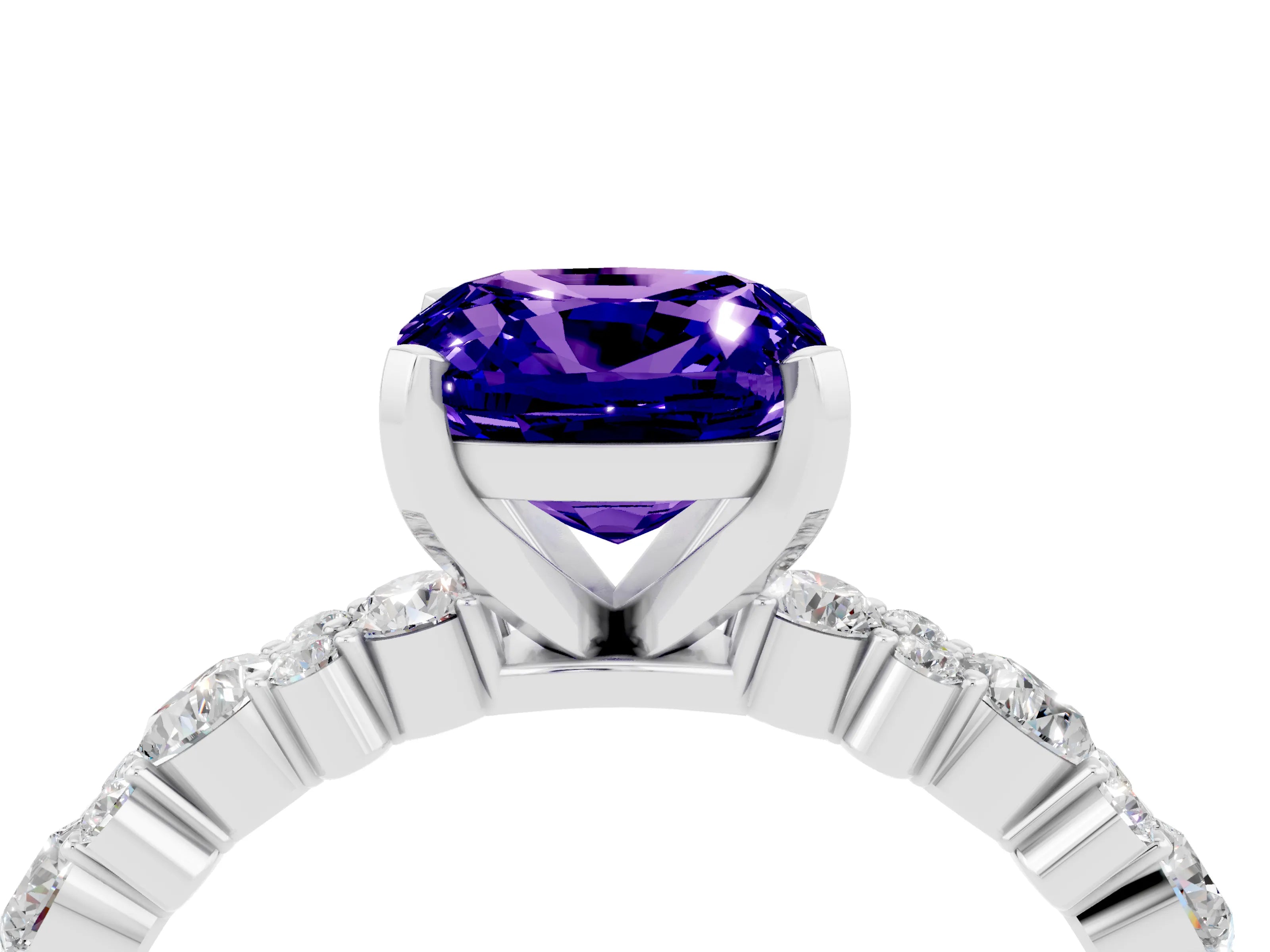 White gold Cushion Cut Tanzanite Solitaire with Side Stones, Pave Band, Four-Prong Setting_40