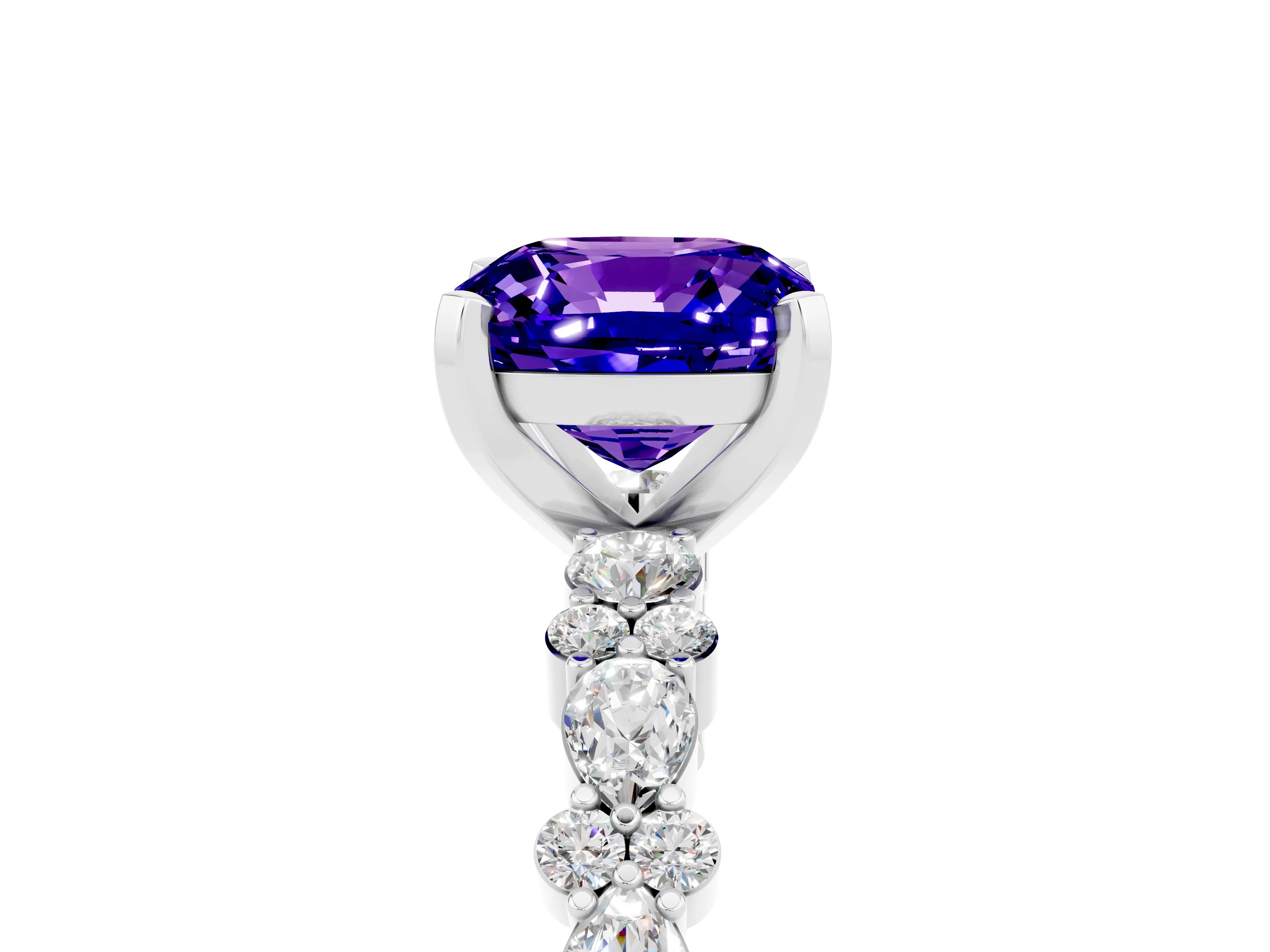White gold Cushion Cut Tanzanite Solitaire with Side Stones, Pave Band, Four-Prong Setting_41