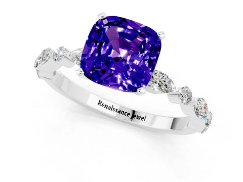 White gold Cushion Cut Tanzanite Solitaire with Side Stones on a Pavé Band and Four-Prong Setting_1
