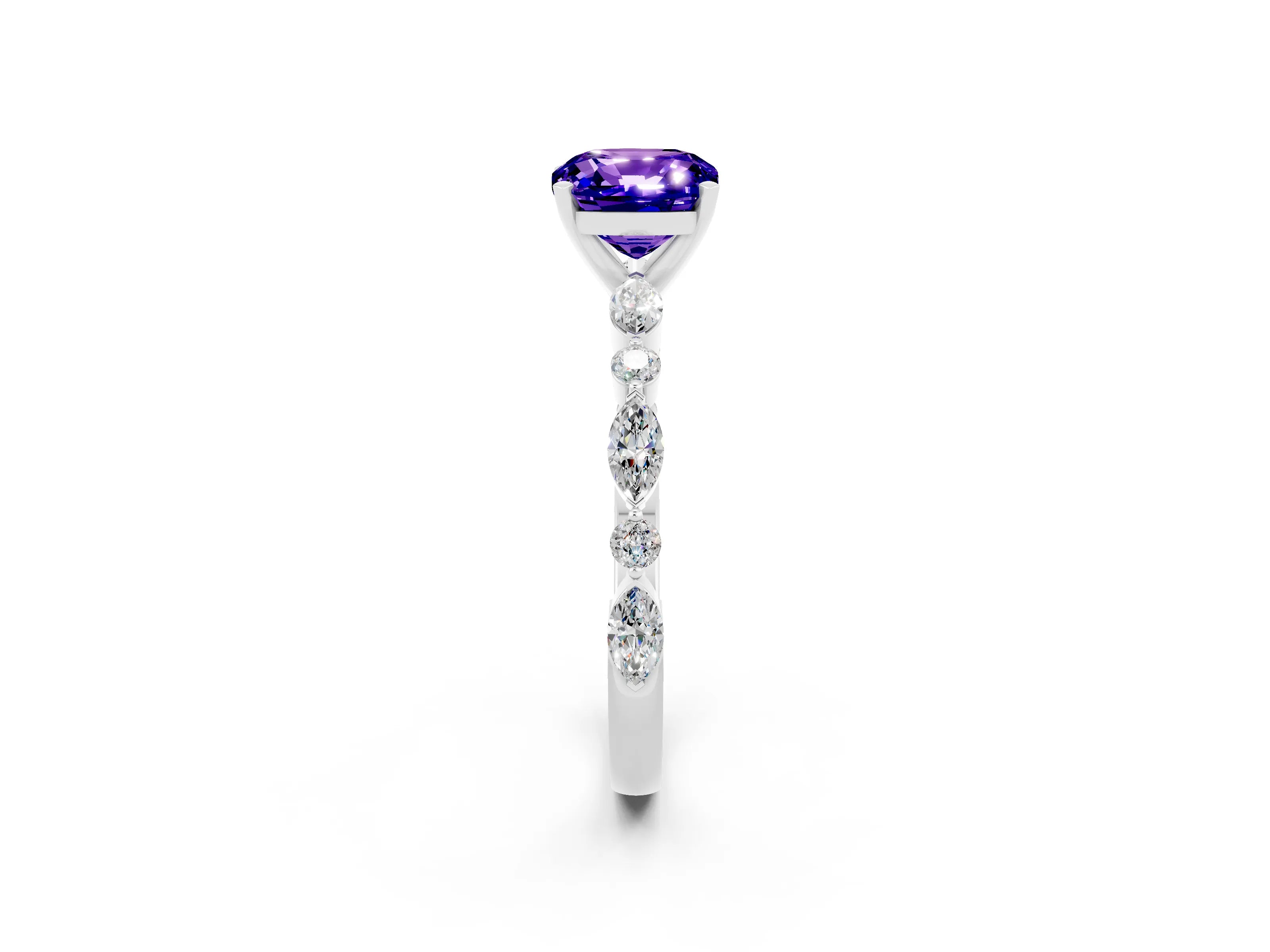 White gold Cushion Cut Tanzanite Solitaire with Side Stones on a Pavé Band and Four-Prong Setting_2