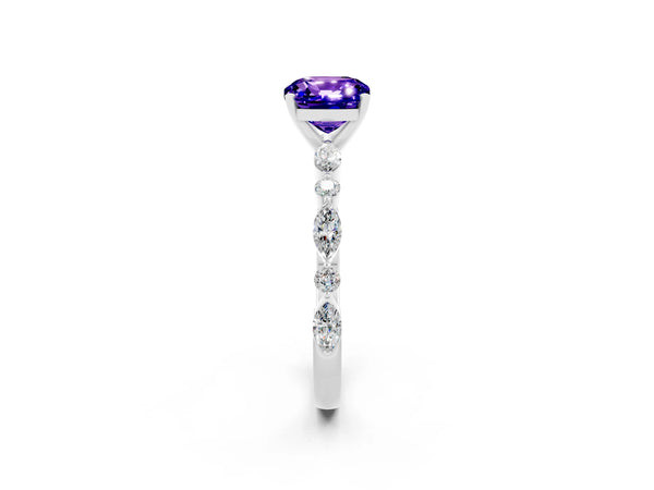 White gold Cushion Cut Tanzanite Ring with Marquise and Round  Side Stones and Four-Prong Setting