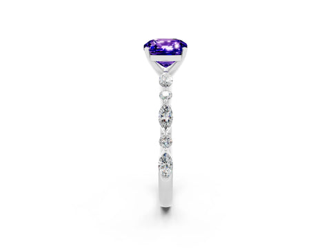 White gold Cushion Cut Tanzanite Solitaire with Side Stones on a Pavé Band and Four-Prong Setting_2