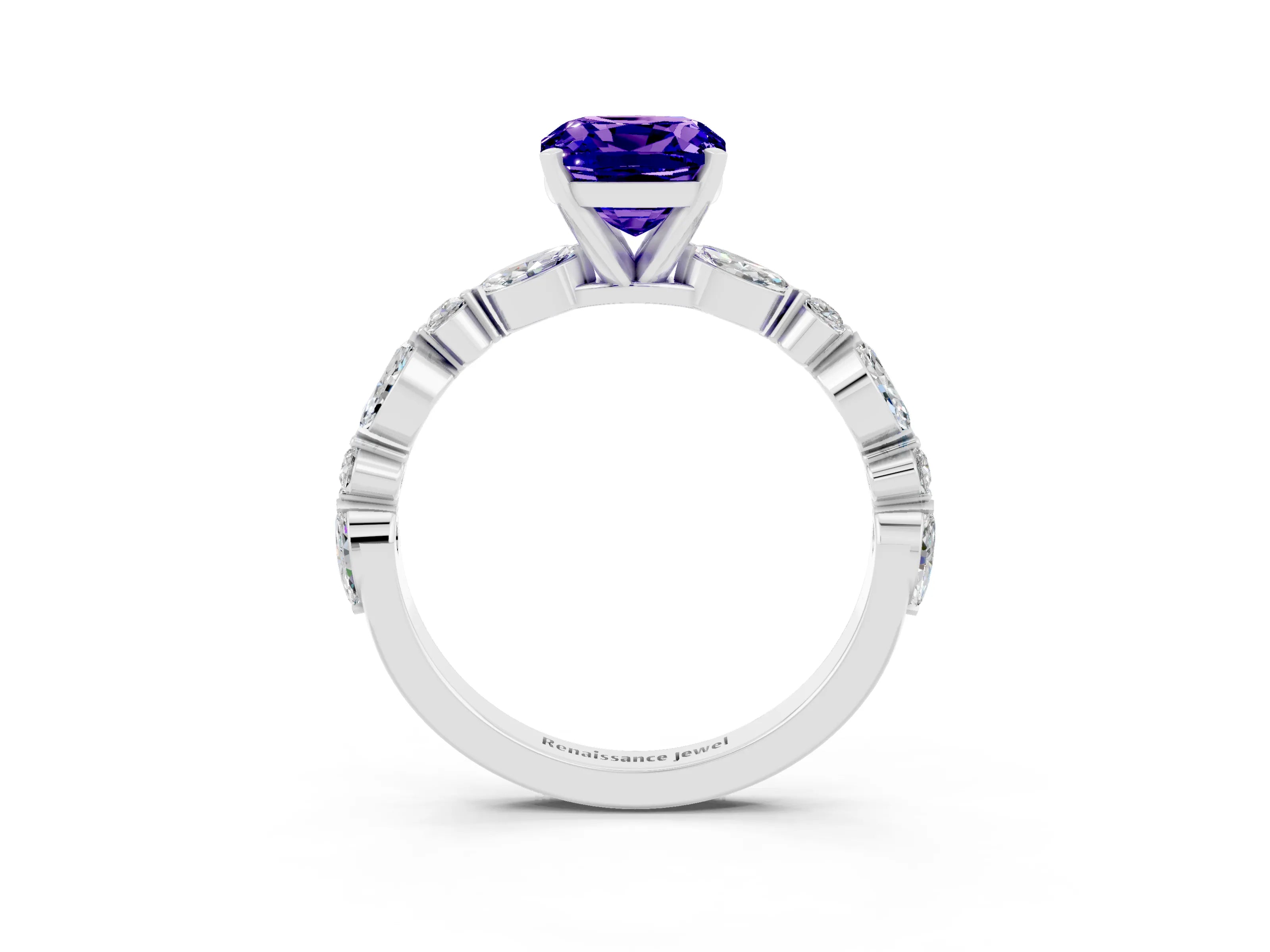 White gold Cushion Cut Tanzanite Solitaire with Side Stones on a Pavé Band and Four-Prong Setting_3
