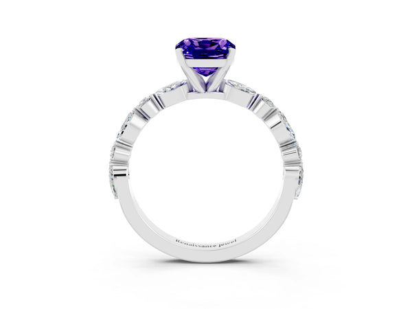 White gold Cushion Cut Tanzanite Ring with Marquise and Round  Side Stones and Four-Prong Setting