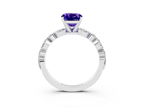White gold Cushion Cut Tanzanite Solitaire with Side Stones on a Pavé Band and Four-Prong Setting_3