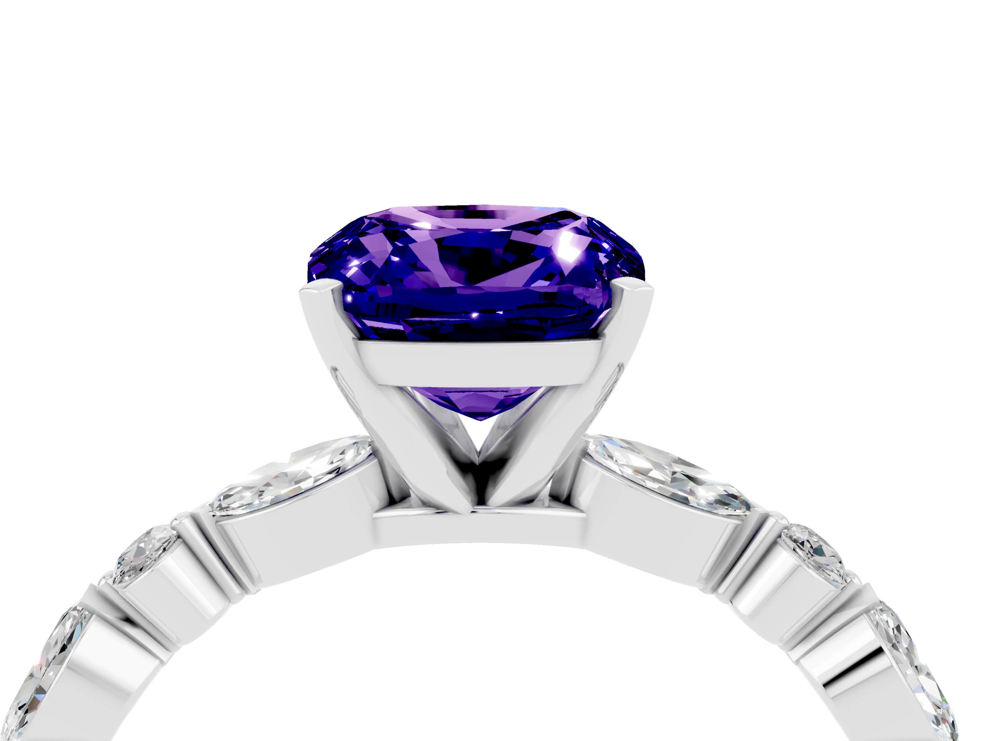 White gold Cushion Cut Tanzanite Solitaire with Side Stones on a Pavé Band and Four-Prong Setting_4