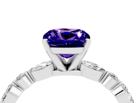 White gold Cushion Cut Tanzanite Solitaire with Side Stones on a Pavé Band and Four-Prong Setting_4