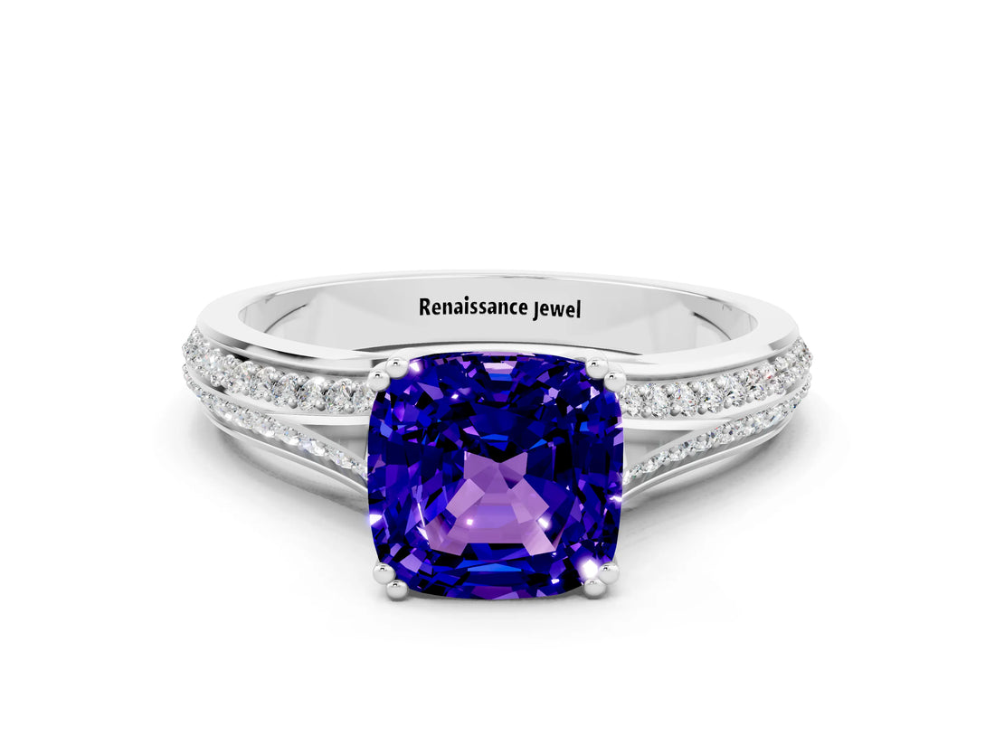 White gold Cushion Cut Tanzanite Split Shank Engagement Ring with Pavé Band