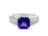White gold Cushion Cut Tanzanite Split Shank Engagement Ring with Pavé Band