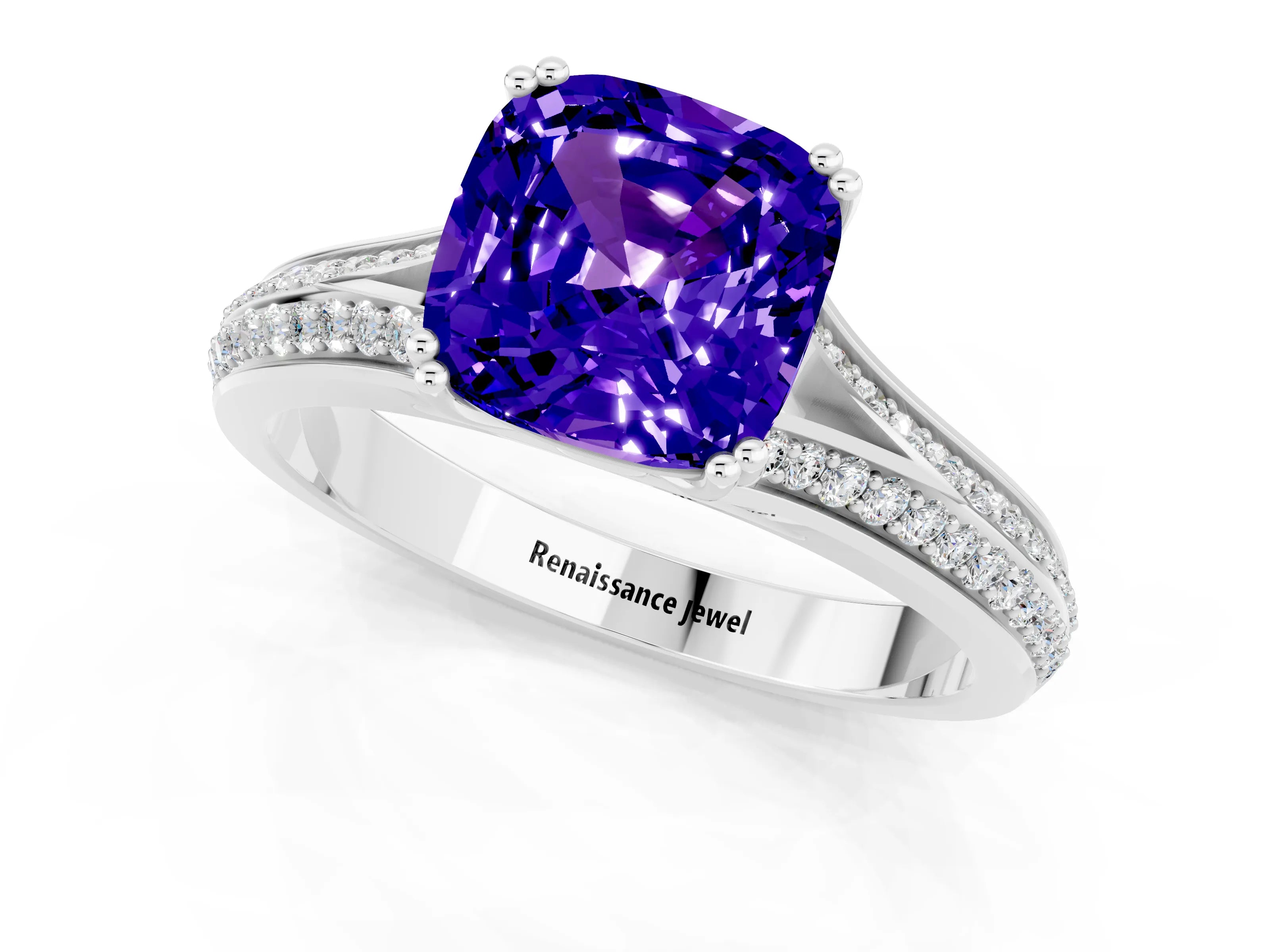 White gold Cushion Cut Tanzanite Split Shank Engagement Ring with Pavé Band_1