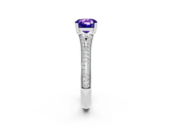 Silver Cushion Cut Tanzanite Split Shank Engagement Ring with Pavé Band