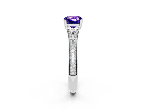 White gold Cushion Cut Tanzanite Split Shank Engagement Ring with Pavé Band_2