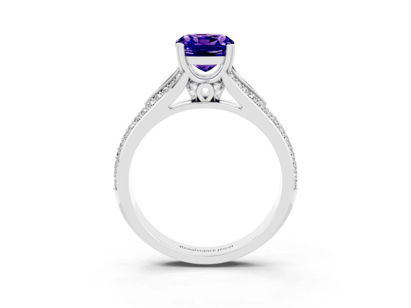 Platinum Cushion Cut Tanzanite Split Shank Engagement Ring with Pavé Band