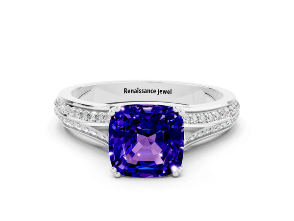 Silver Cushion Cut Tanzanite Split Shank Engagement Ring with Pavé Band