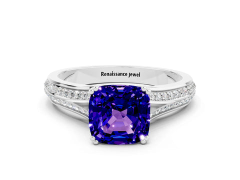 White gold Cushion Cut Tanzanite Split Shank Engagement Ring with Pavé Band