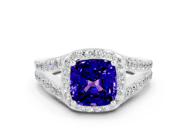 Platinum Cushion Cut Tanzanite Split Shank Halo Ring with Four-Prong Setting