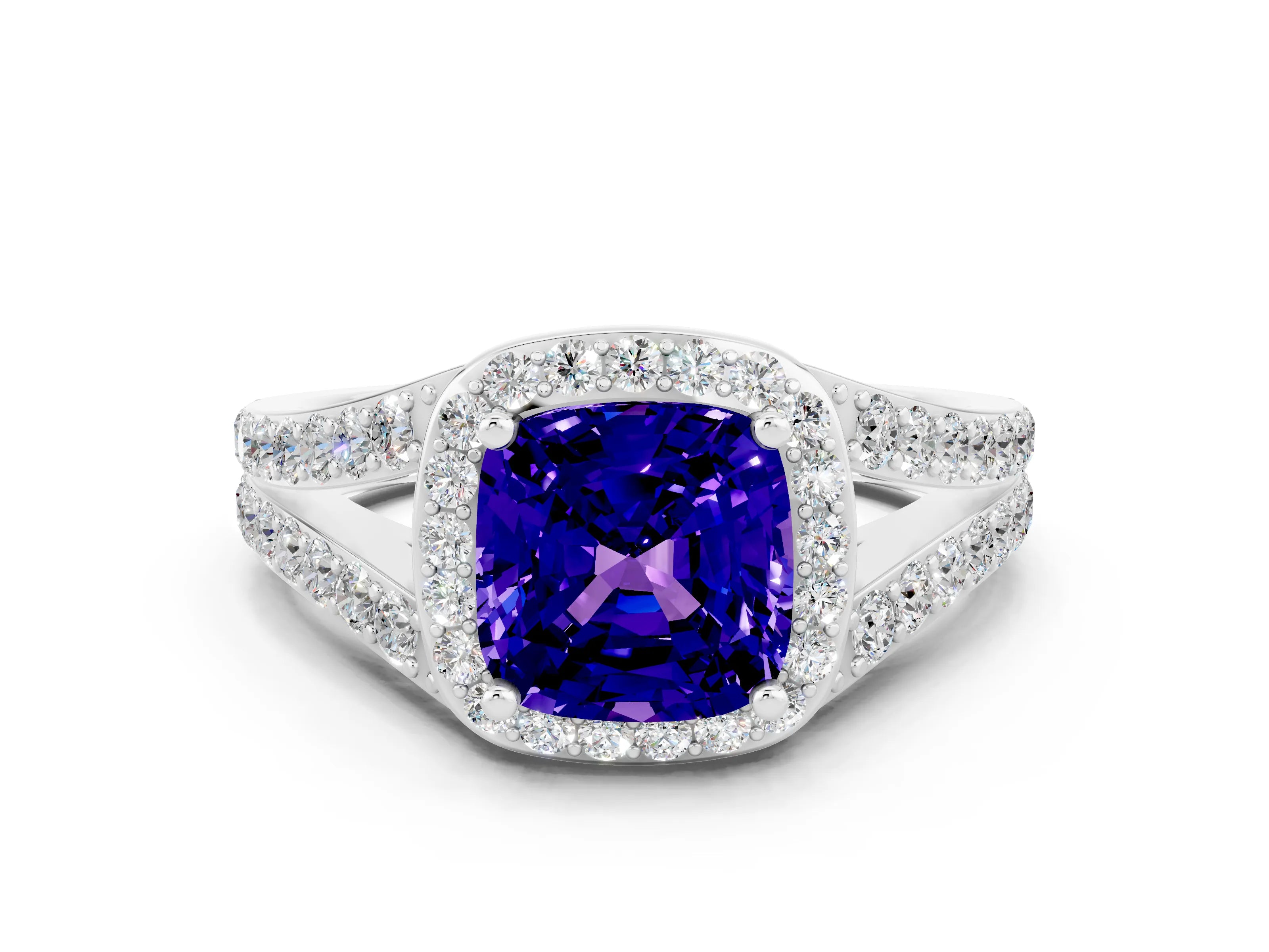 White gold Cushion Cut Tanzanite Split Shank Halo Ring with Four-Prong Setting_60