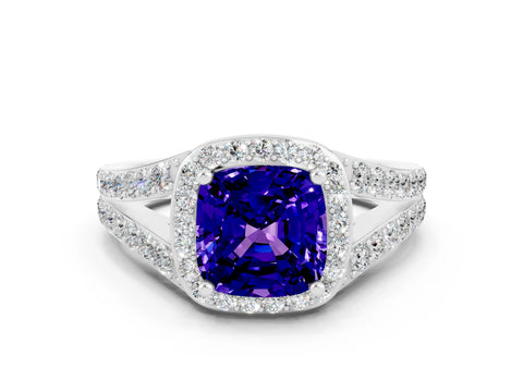 White gold Cushion Cut Tanzanite Split Shank Halo Ring with Four-Prong Setting_60