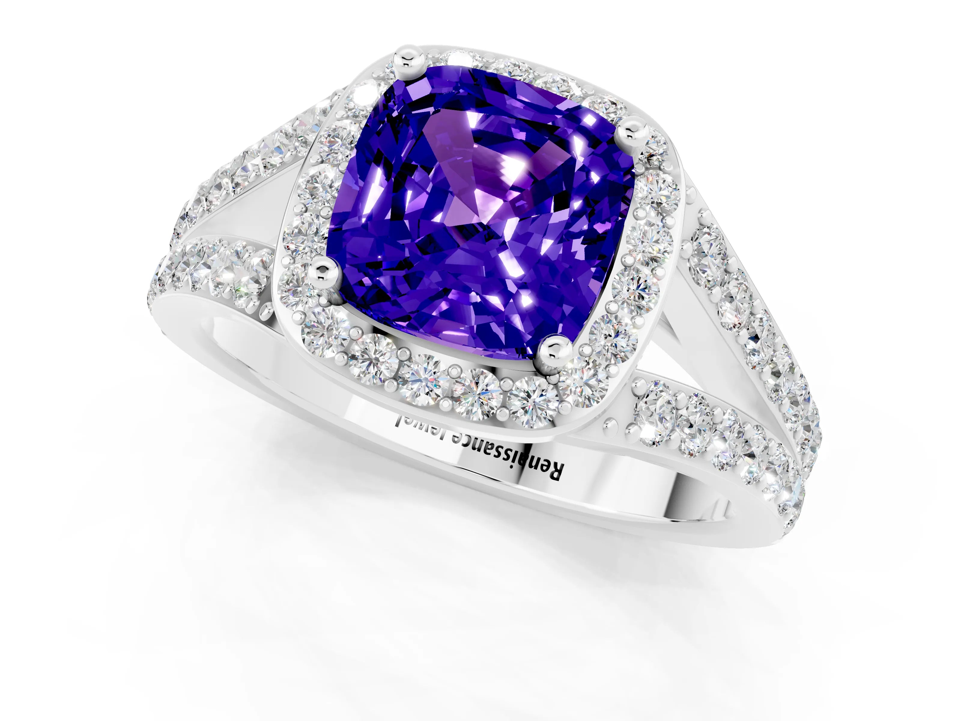 White gold Cushion Cut Tanzanite Split Shank Halo Ring with Four-Prong Setting_61