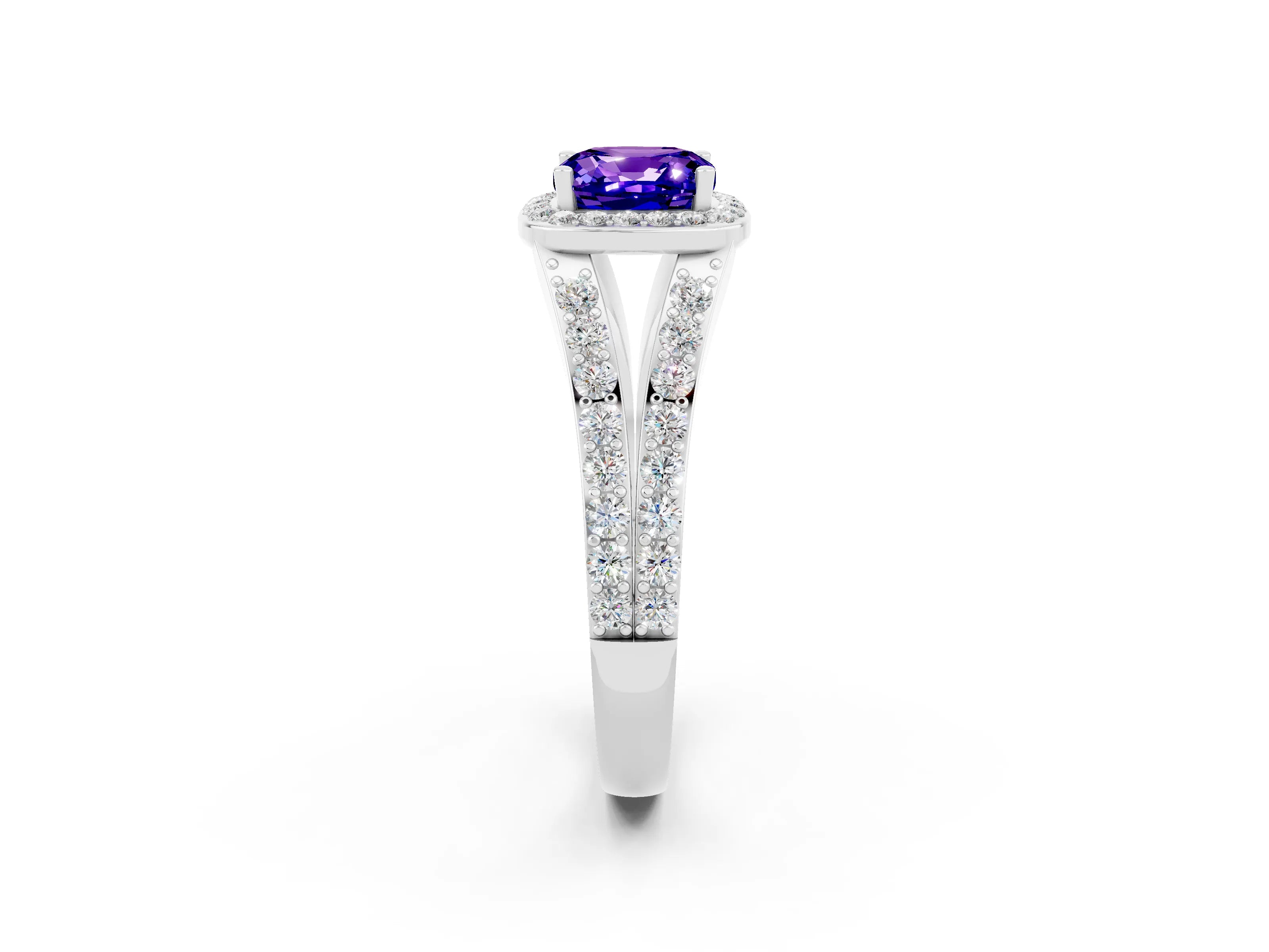 White gold Cushion Cut Tanzanite Split Shank Halo Ring with Four-Prong Setting_62