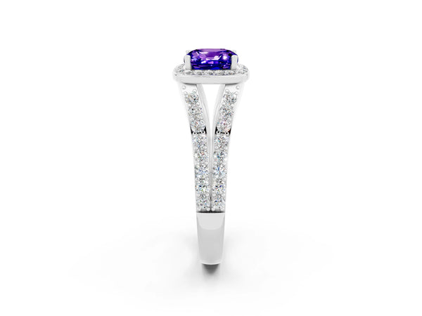 Silver Cushion Cut Tanzanite Split Shank Halo Ring with Four-Prong Setting
