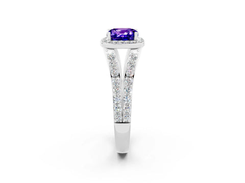 White gold Cushion Cut Tanzanite Split Shank Halo Ring with Four-Prong Setting_62