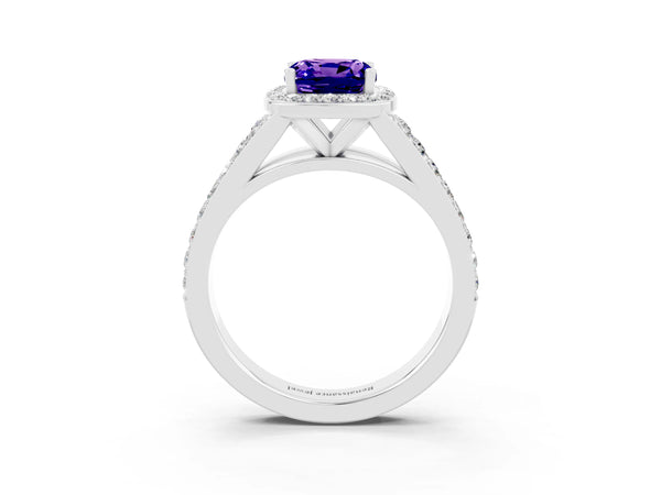 Platinum Cushion Cut Tanzanite Split Shank Halo Ring with Four-Prong Setting