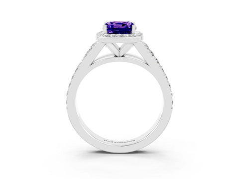 White gold Cushion Cut Tanzanite Split Shank Halo Ring with Four-Prong Setting_63