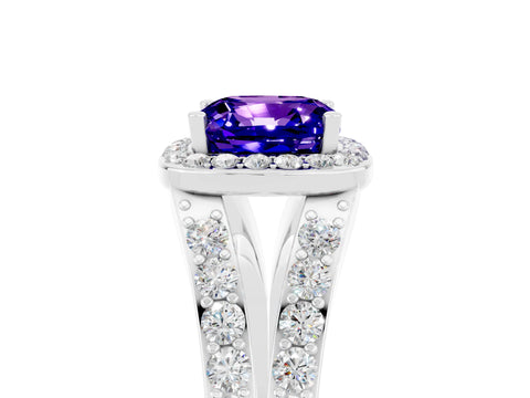 White gold Cushion Cut Tanzanite Split Shank Halo Ring with Four-Prong Setting_65