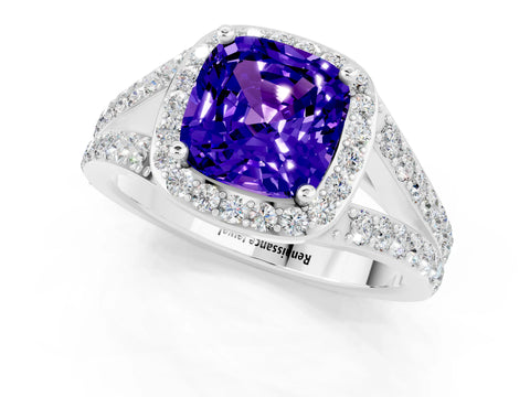 White gold Cushion Cut Tanzanite Split Shank Halo Ring with Four-Prong Setting_66
