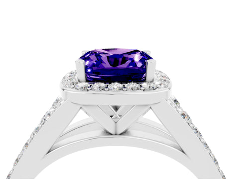 White gold Cushion Cut Tanzanite Split Shank Halo Ring with Four-Prong Setting_69