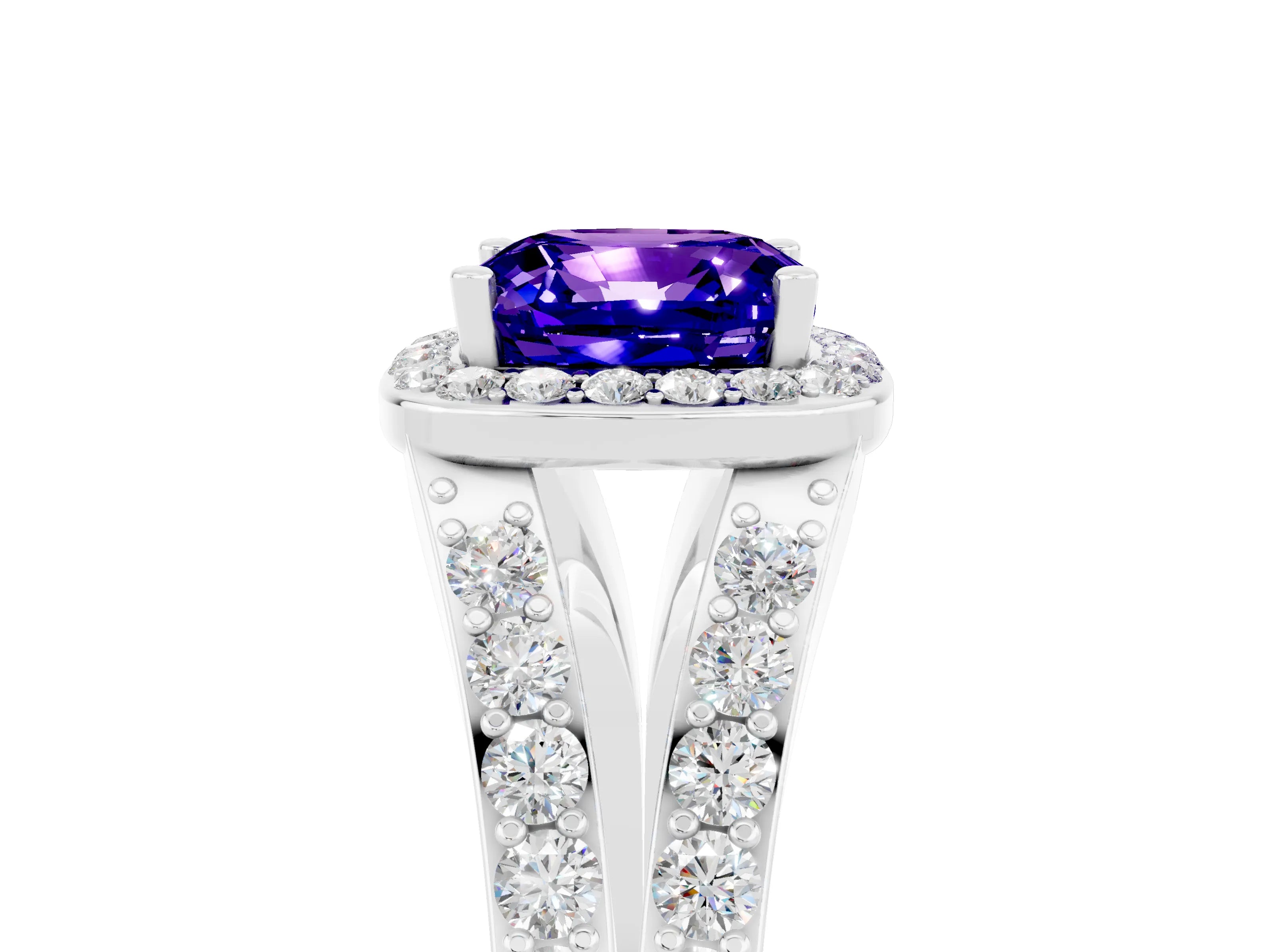 White gold Cushion Cut Tanzanite Split Shank Halo Ring with Four-Prong Setting_70