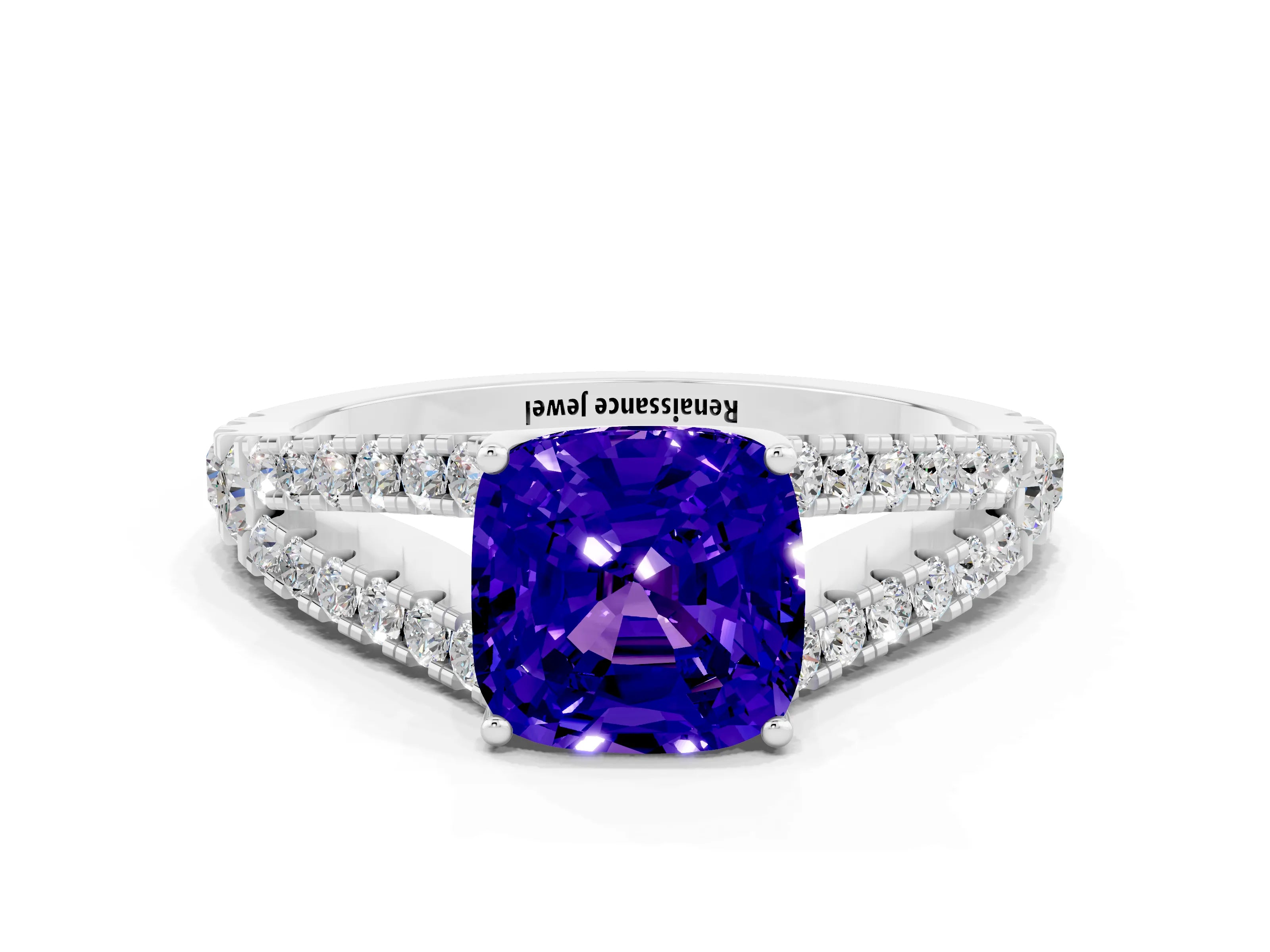 White gold Cushion Cut Tanzanite Split Shank Pavé Engagement Ring with Four-Prong Setting_12
