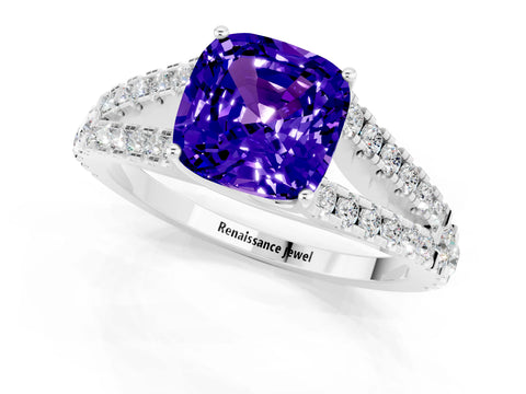 White gold Cushion Cut Tanzanite Split Shank Pavé Engagement Ring with Four-Prong Setting_13