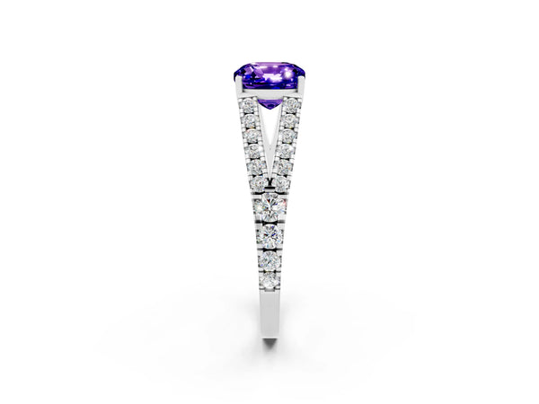 Silver Cushion Cut Tanzanite Split Shank Pavé Engagement Ring with Four-Prong Setting